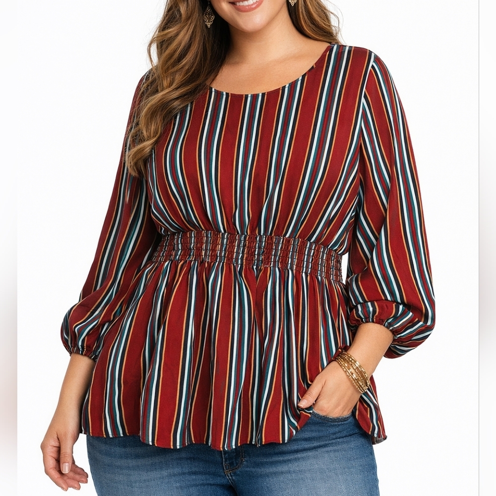 Oddy Boho Striped Blouse 3XL Plus Size Peplum Top Fall Colors Red Oddi Smocked